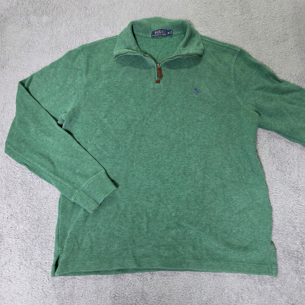 Polo Ralph Lauren Mens Medium Quarter-Zip Pullover Green Cotton Ribbed Sweater